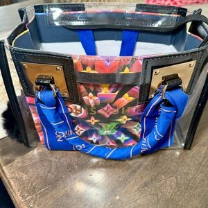Designer-Inspired Clear Tote Bag with Blue Scarf Handles